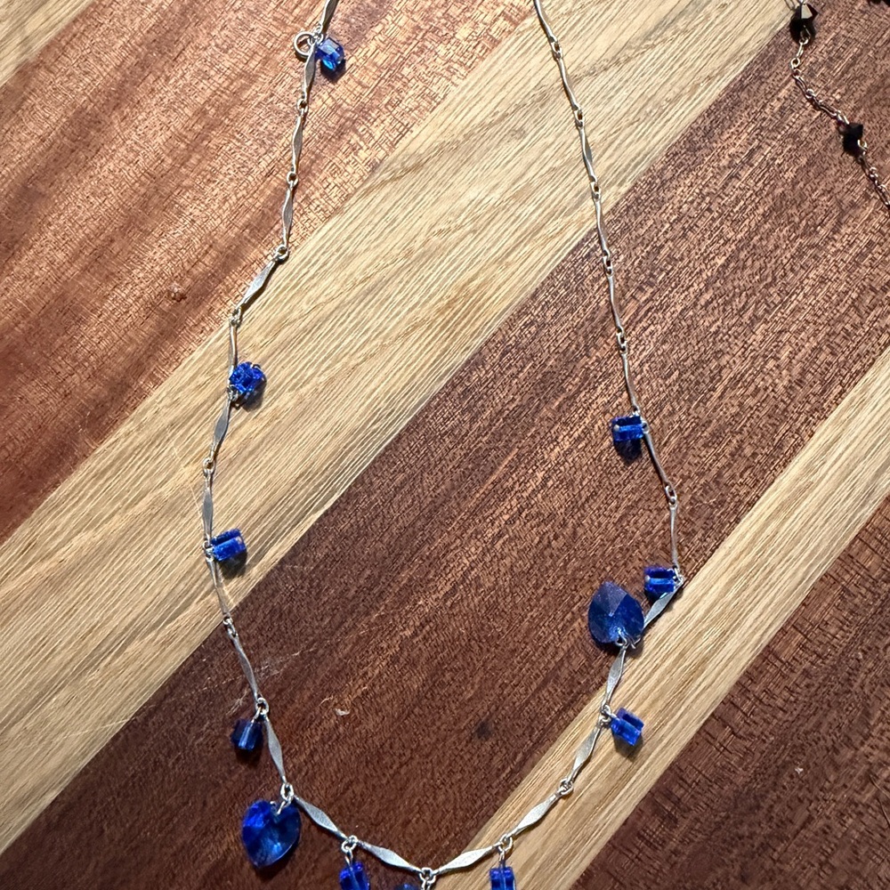 Blue Crystal Heart Station Necklace - Women Jewelry 14k
plated